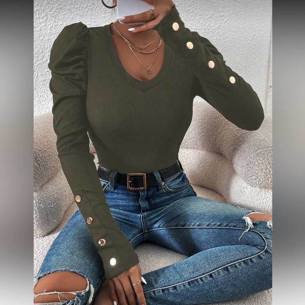 Olive Green Long Sleeve Top with Button Details